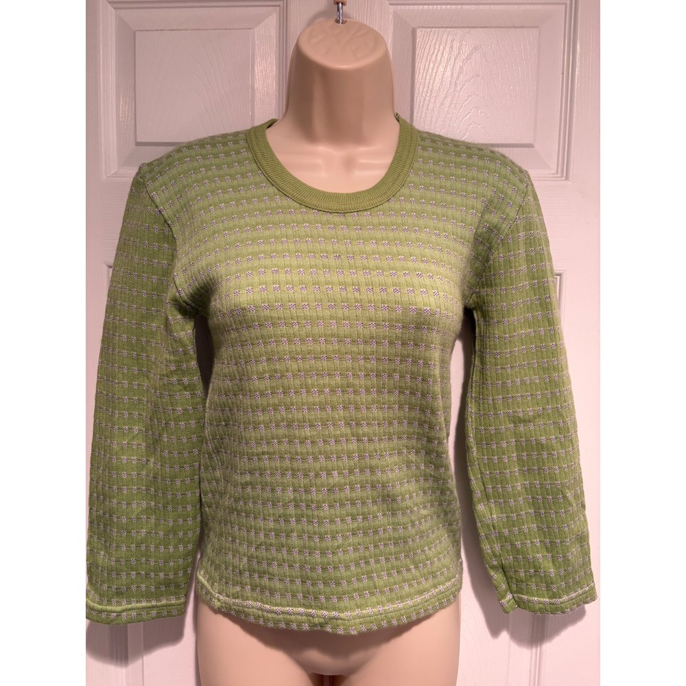 Valery Green Textured Knit Long Sleeve Crew Neck Top Made in Colombia Retro Y2K
